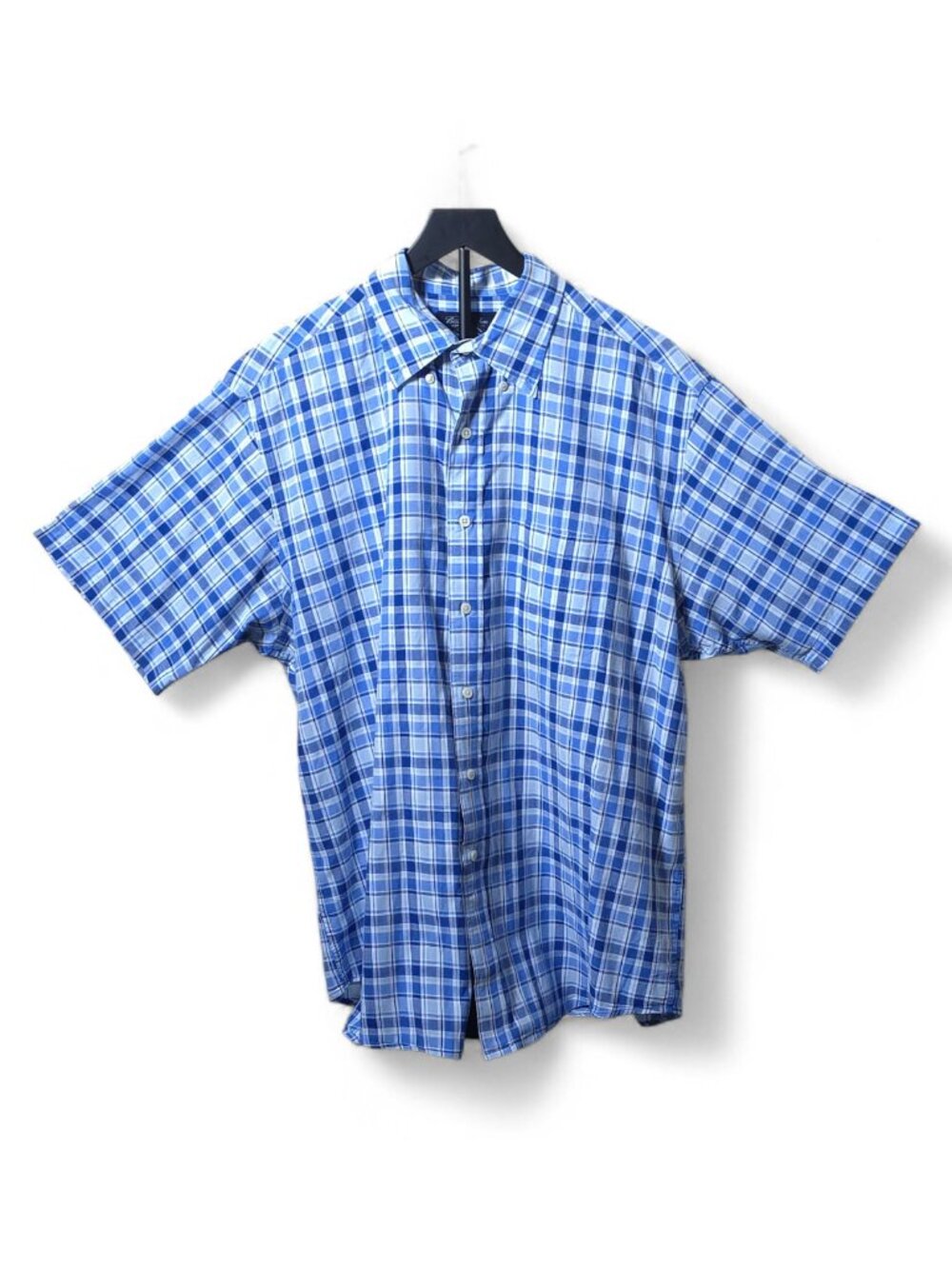 Brooks Brothers Mens L Blue Plaid Button Down Shirt Short Sleeve 100% Cotton